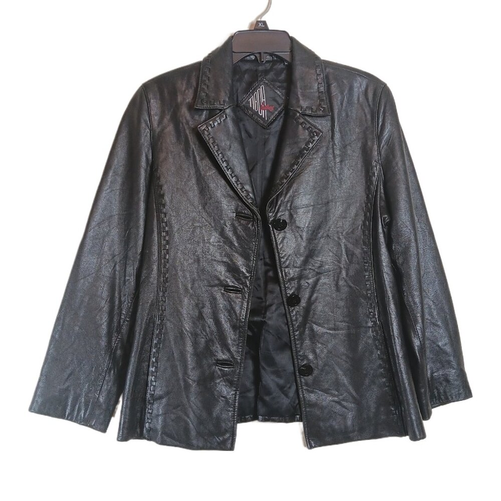 Tiboa Leathers Blazer Womens Medium Petite Black 100% Leather Woven Trim Jacket